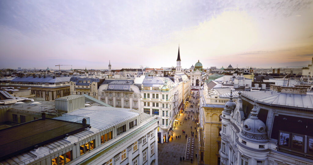 Rooftop view over Vienna city center at dusk with streets and church spires in the distance.